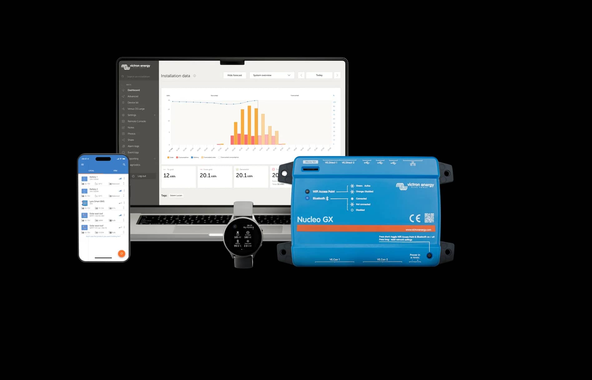 VRM portal and VictronConnect app monitoring a Nucleo GX system
